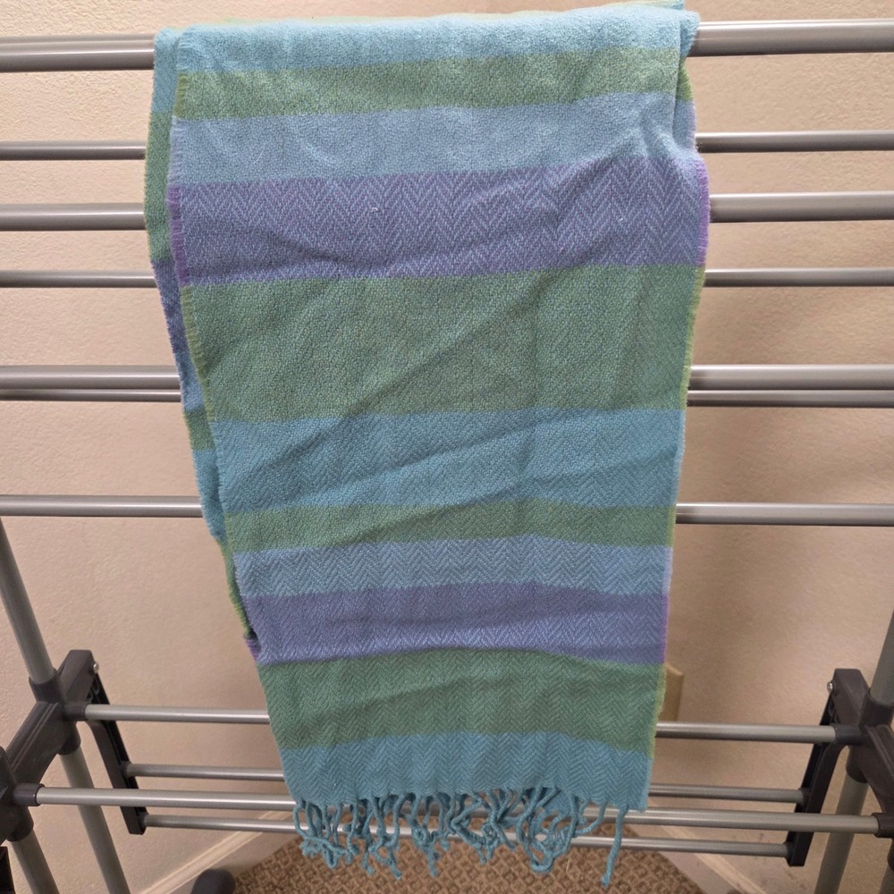 Blue Green Purple Herringbone Striped Fringed Scarf 9x66 Rectangle Woven Wrap